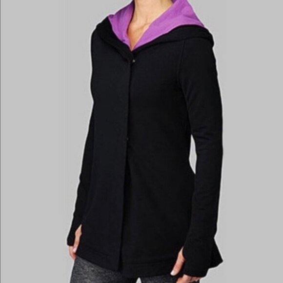 lululemon athletica Jackets & Blazers - Lululemon Black Hoodie with Purple Ombre Interior Size 8 — Button Detail